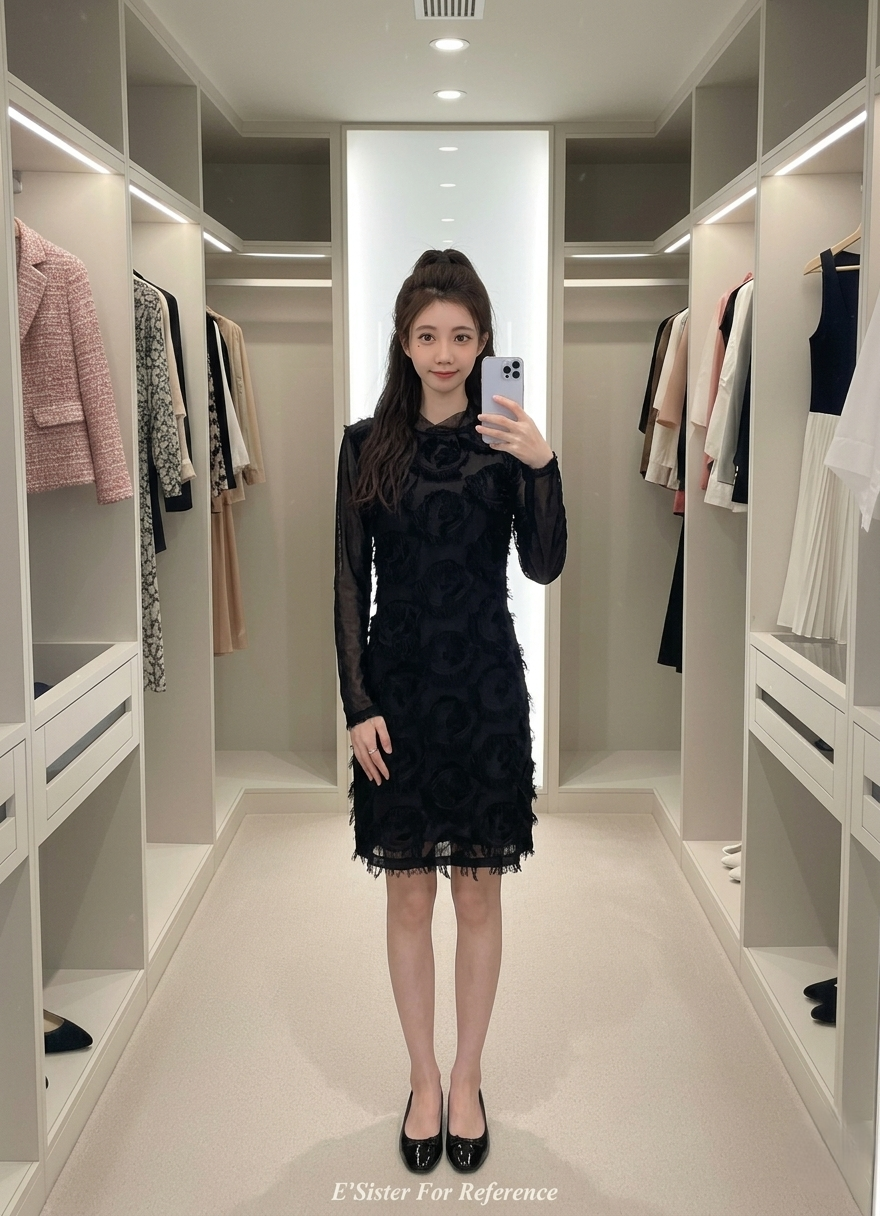 法式赫本風立體羽毛蕾絲透膚連身短裙 C376