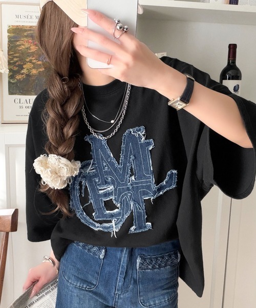 日本🇯🇵連線 Mily Bilet 牛仔拼布印花寬鬆短袖T恤 牛仔流蘇 寬鬆 休閒 短袖 3色(任買兩件711免運)/預購