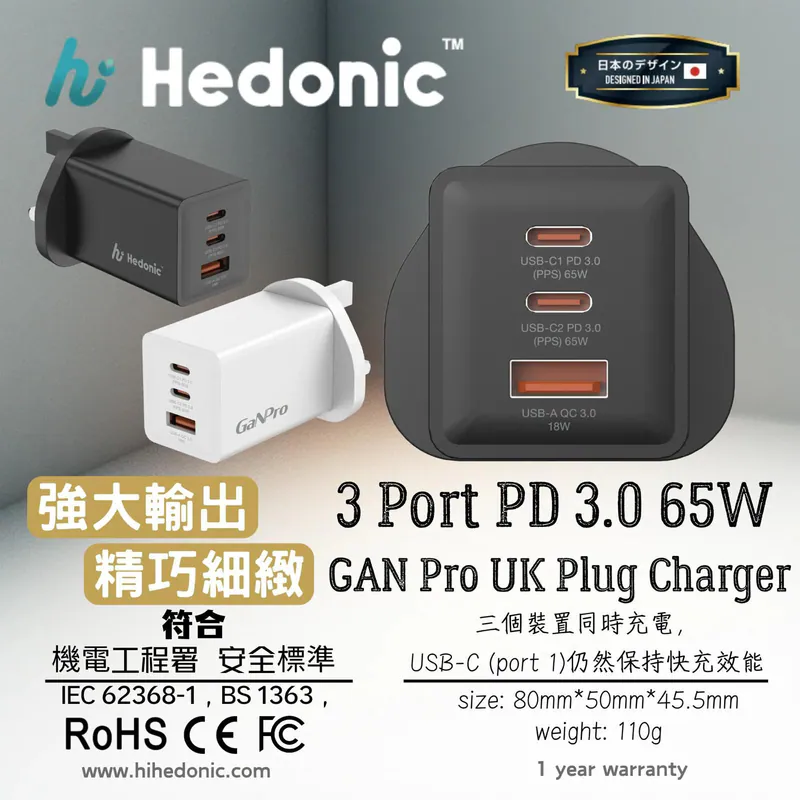 Hedonic 3 Port PD 3.0 65W GAN Pro UK Plug Charger (Black-81075 / White-81076)