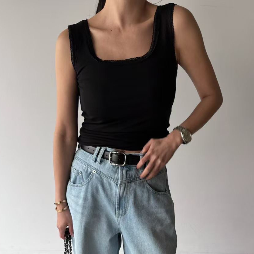 鏤空小花邊滾邊方領背心上衣 / 4色