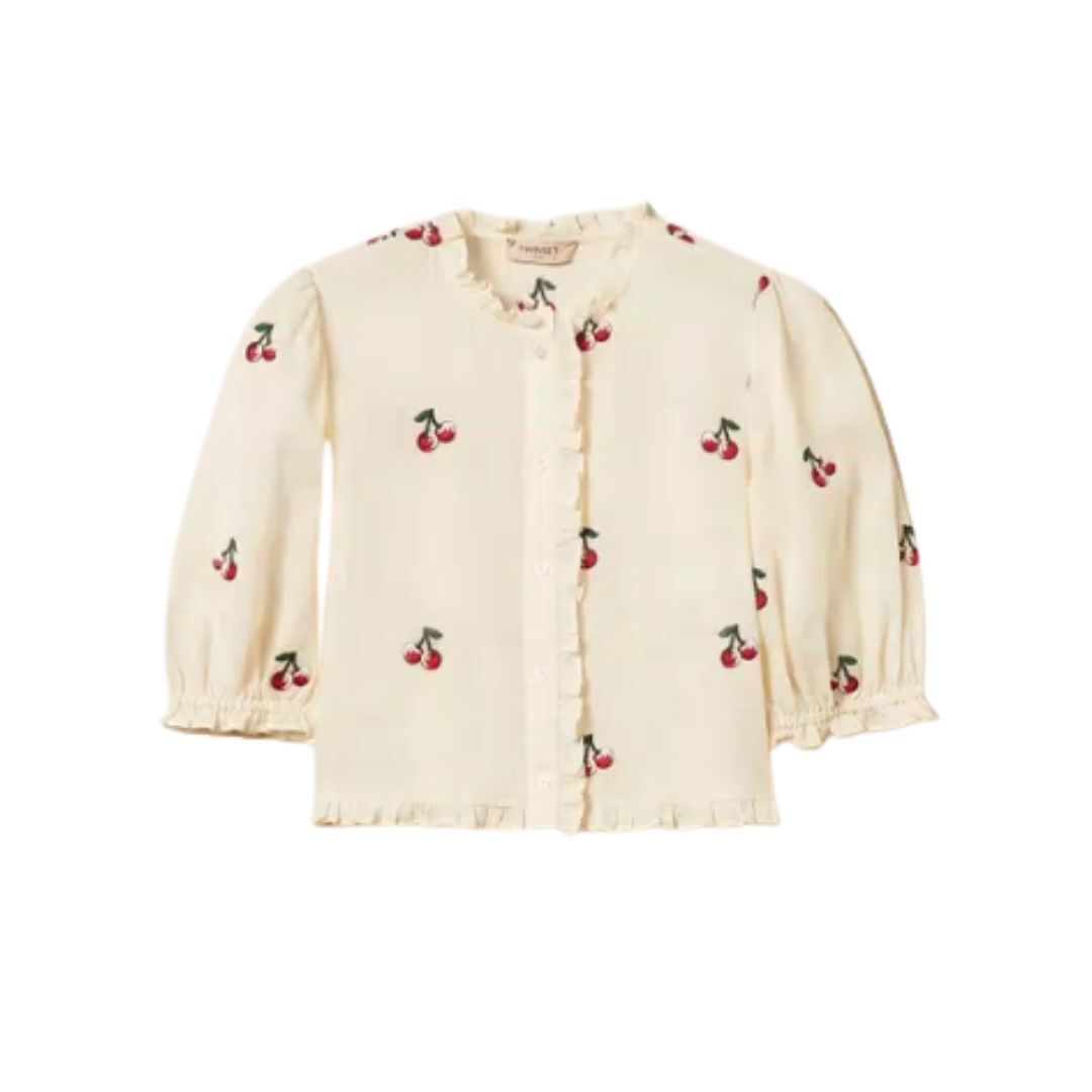 1TS0319-122 [TWINSET] Cropped Ramie Shirt With Cherry Embroidery Parchment White #261TT2420 (C-EU-E)