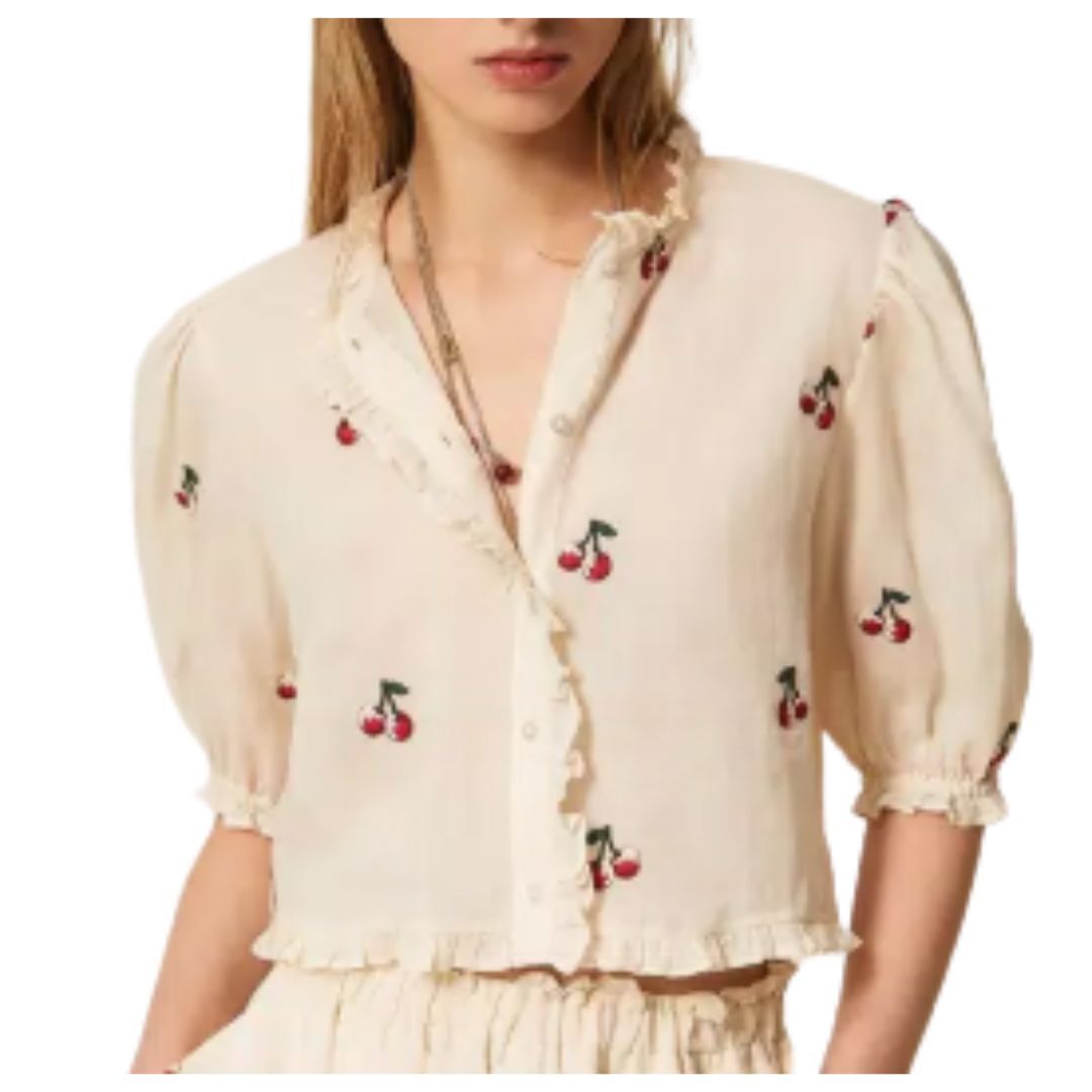 1TS0319-122 [TWINSET] Cropped Ramie Shirt With Cherry Embroidery Parchment White #261TT2420 (C-EU-E)