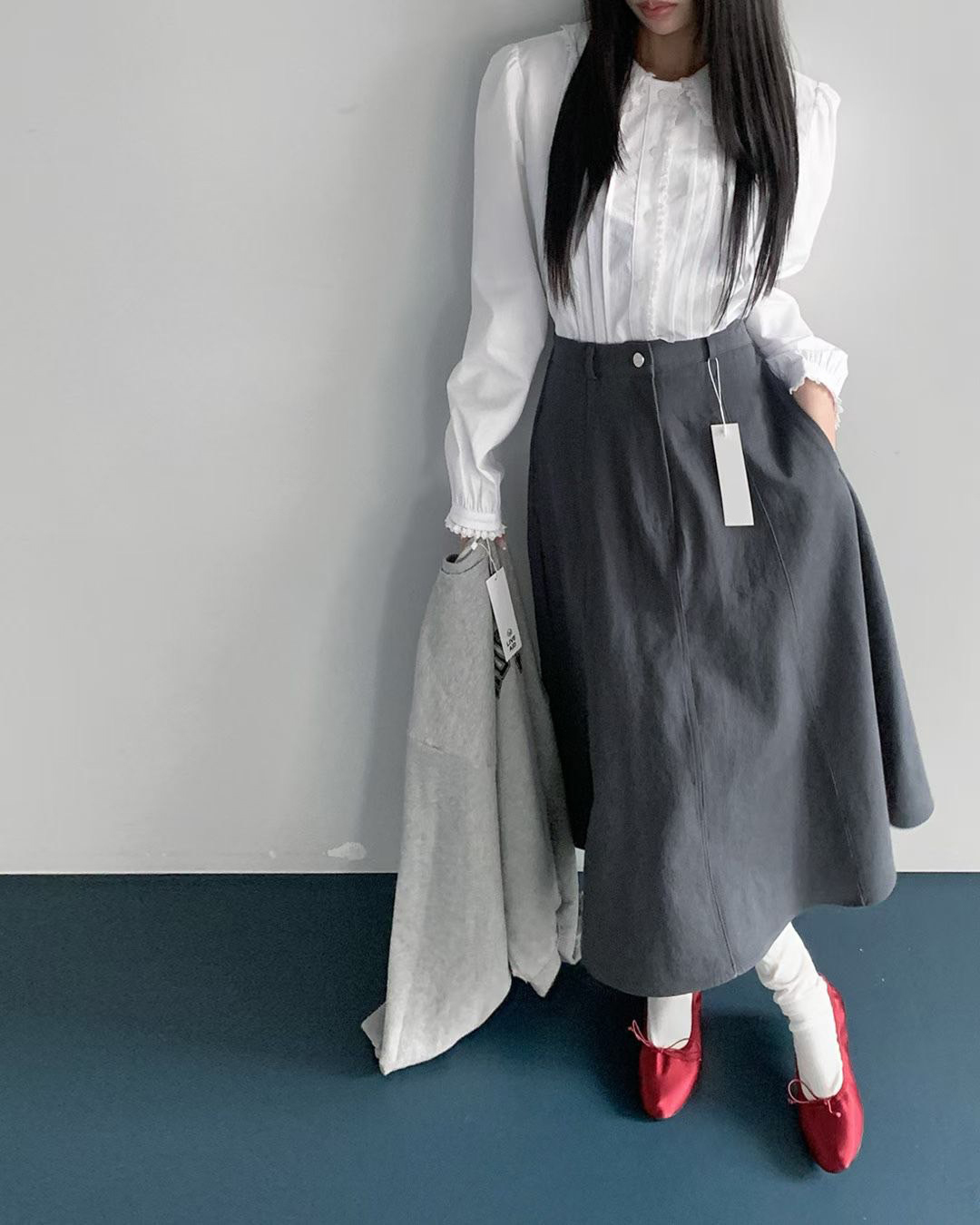 後腰鬆緊單釦挺版A字傘擺長裙-F / 3色