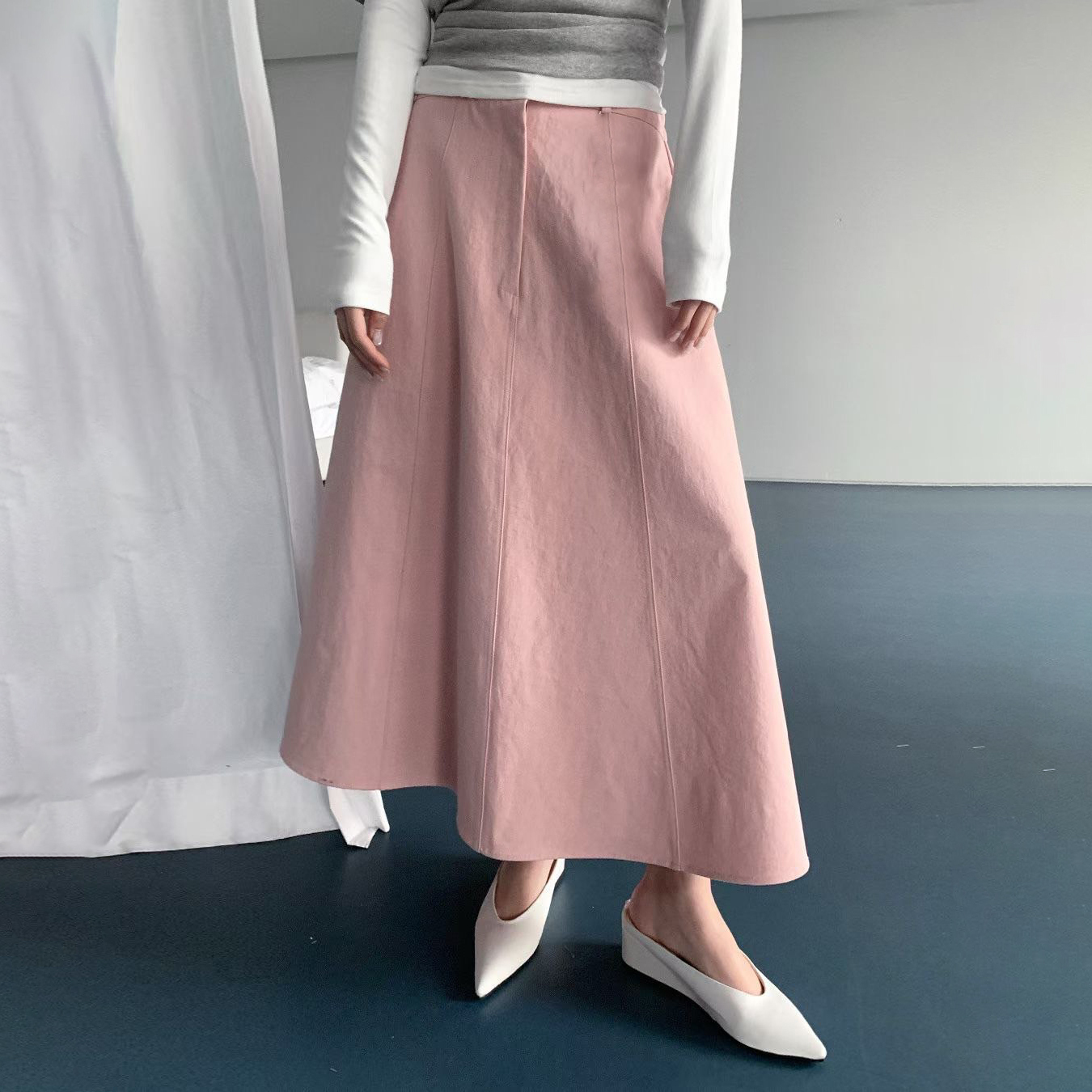 後腰鬆緊單釦挺版A字傘擺長裙-F / 3色