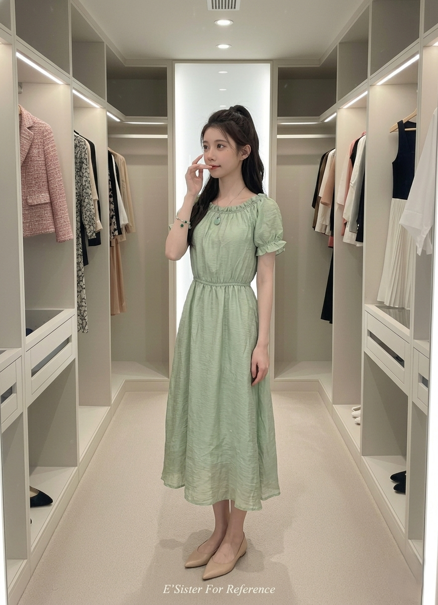 法式浪漫鼠尾草綠亮絲縮褶連身裙 C377