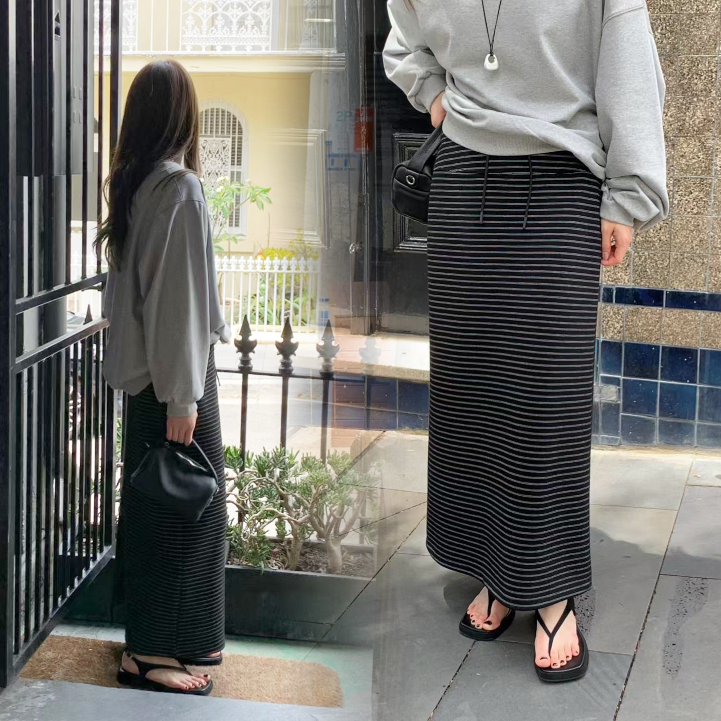 鬆緊腰綁帶造型配色橫條紋長裙棉裙-F / 3色