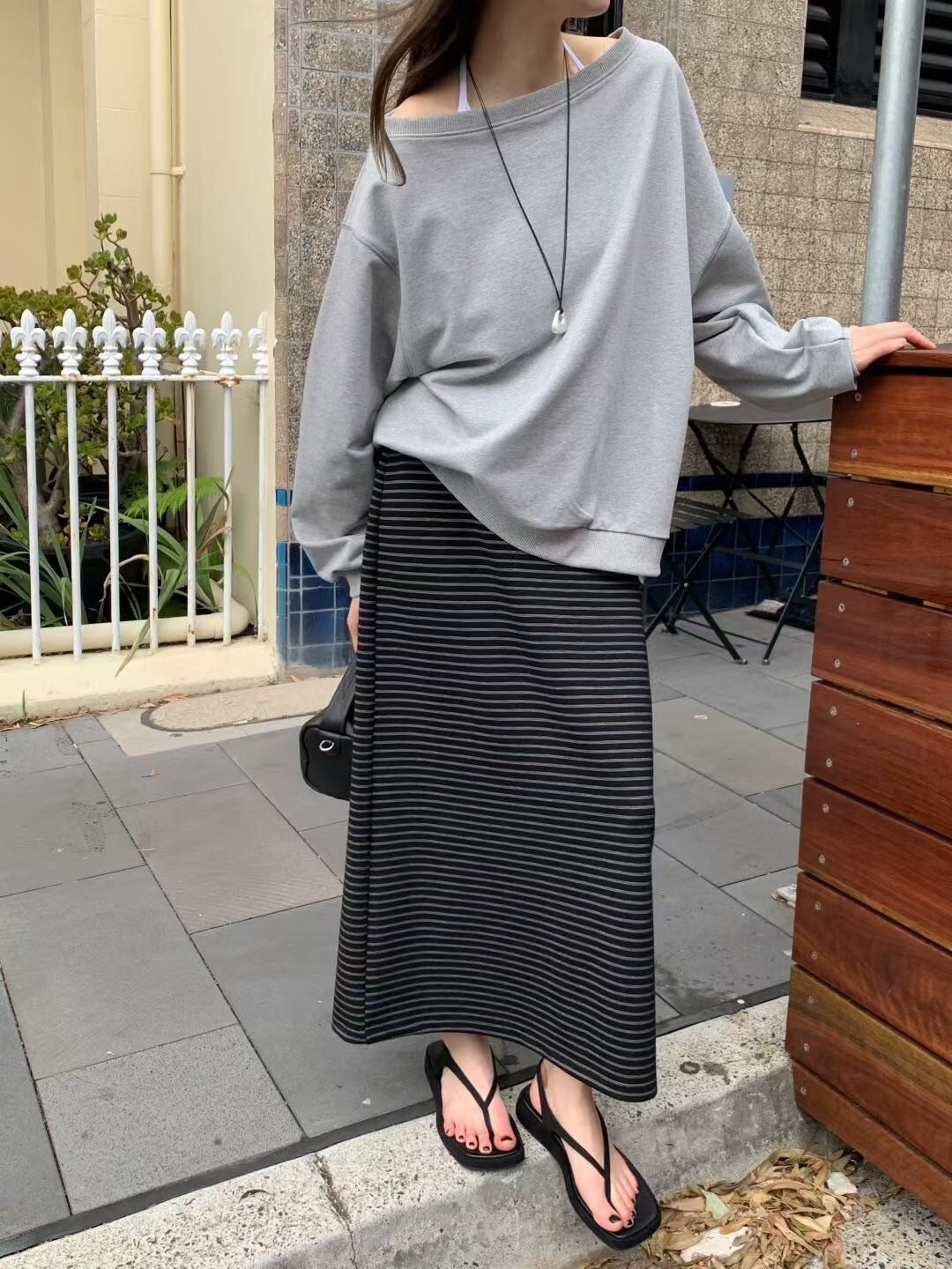 鬆緊腰綁帶造型配色橫條紋長裙棉裙-F / 3色