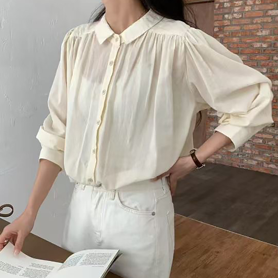 溫柔女子壓摺感澎澎袖翻領排釦襯衫 / 3色