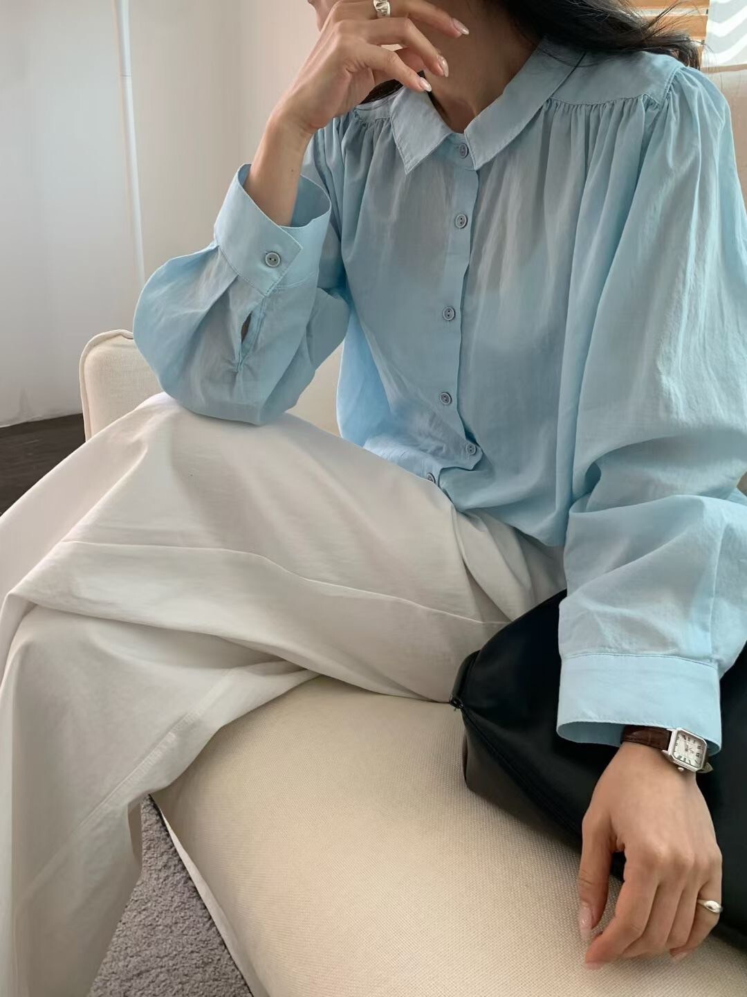 溫柔女子壓摺感澎澎袖翻領排釦襯衫 / 3色