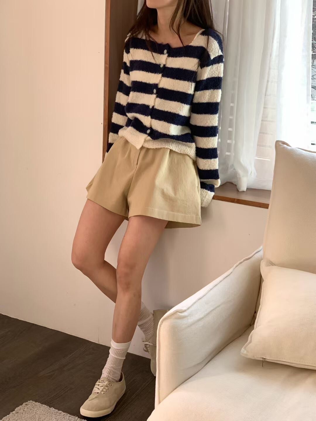 可愛配色橫條紋排釦圓領針織外套 / 3色