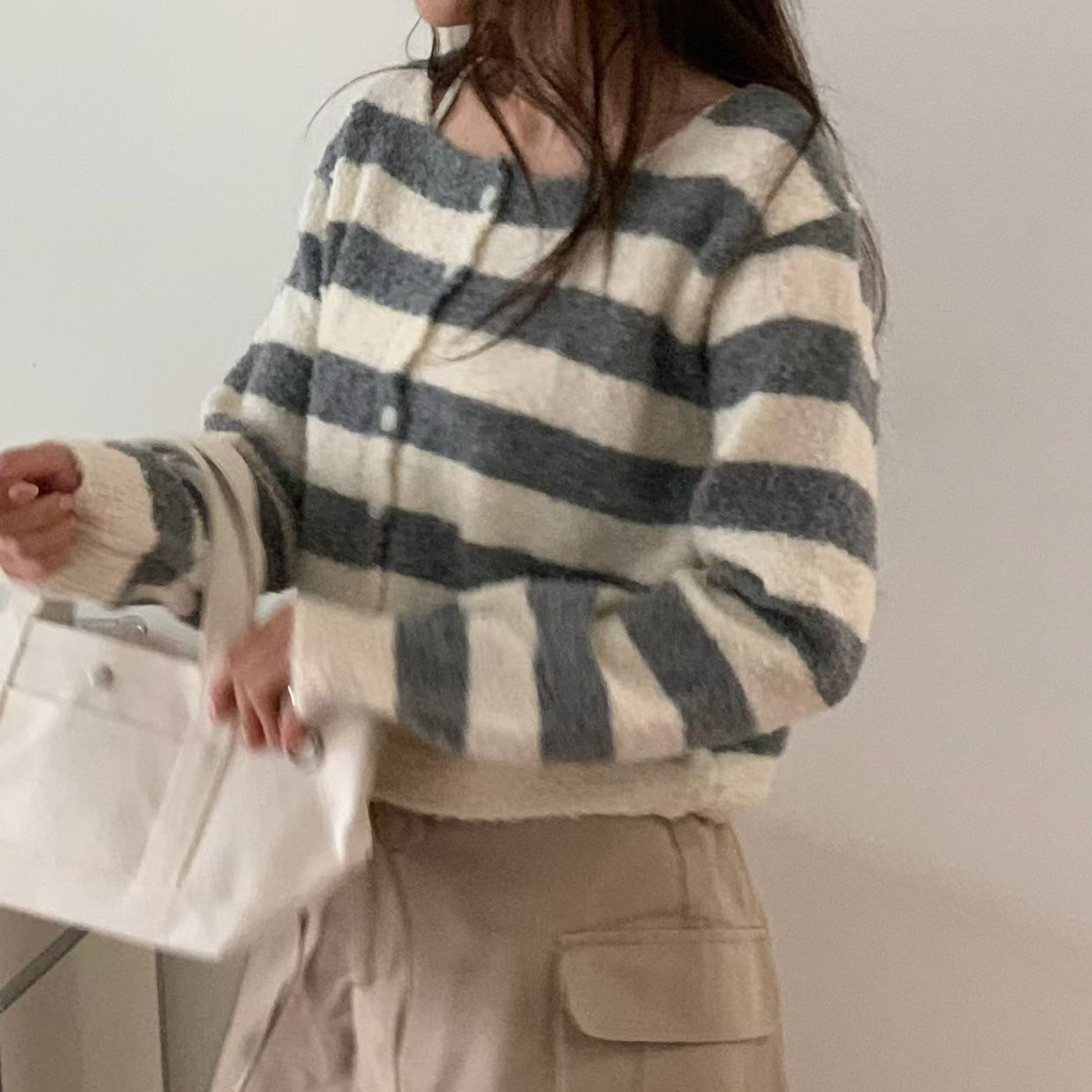 可愛配色橫條紋排釦圓領針織外套 / 3色