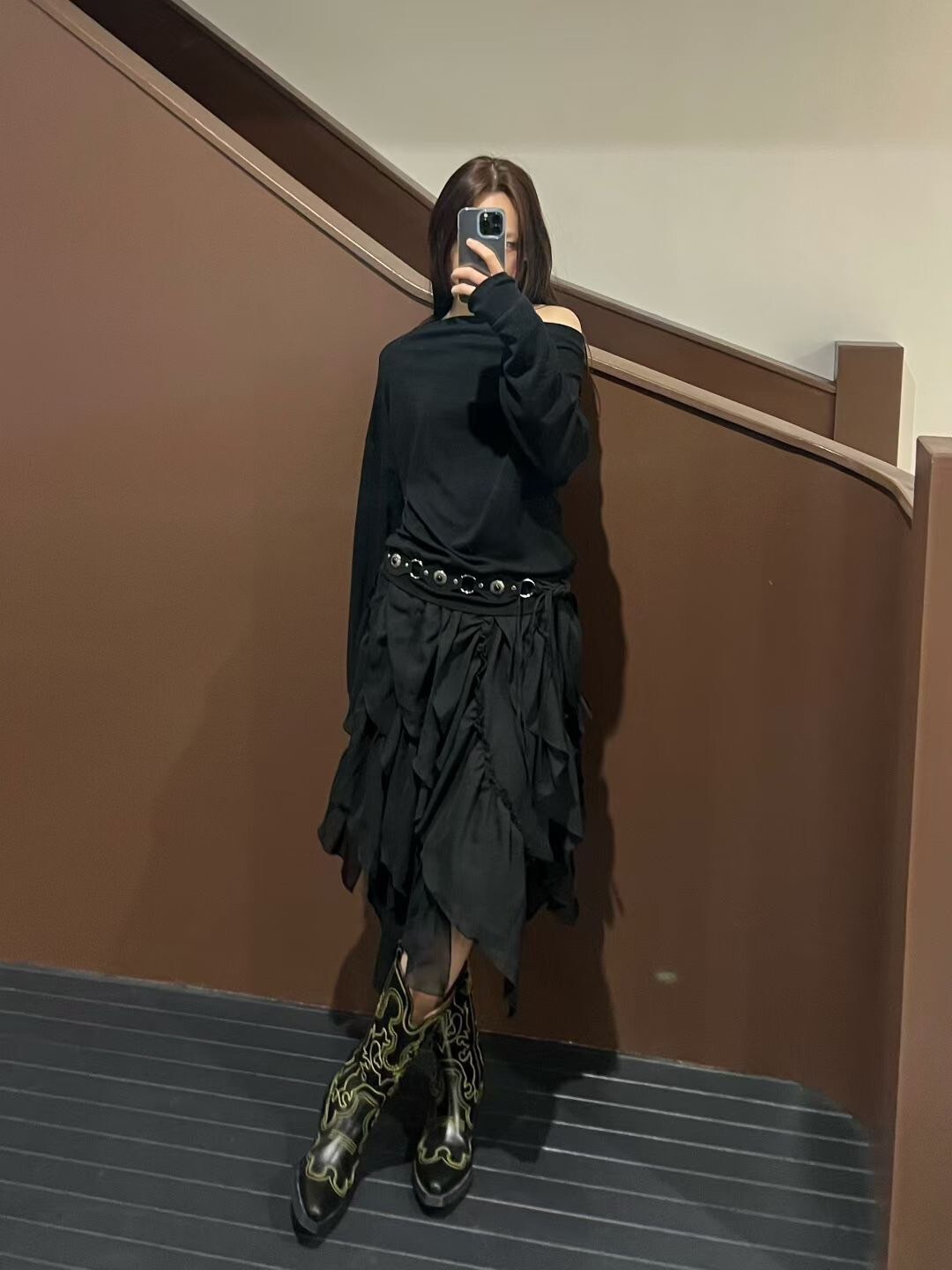 鬆緊腰立體斜切荷葉滾邊層次長裙-F / 2色