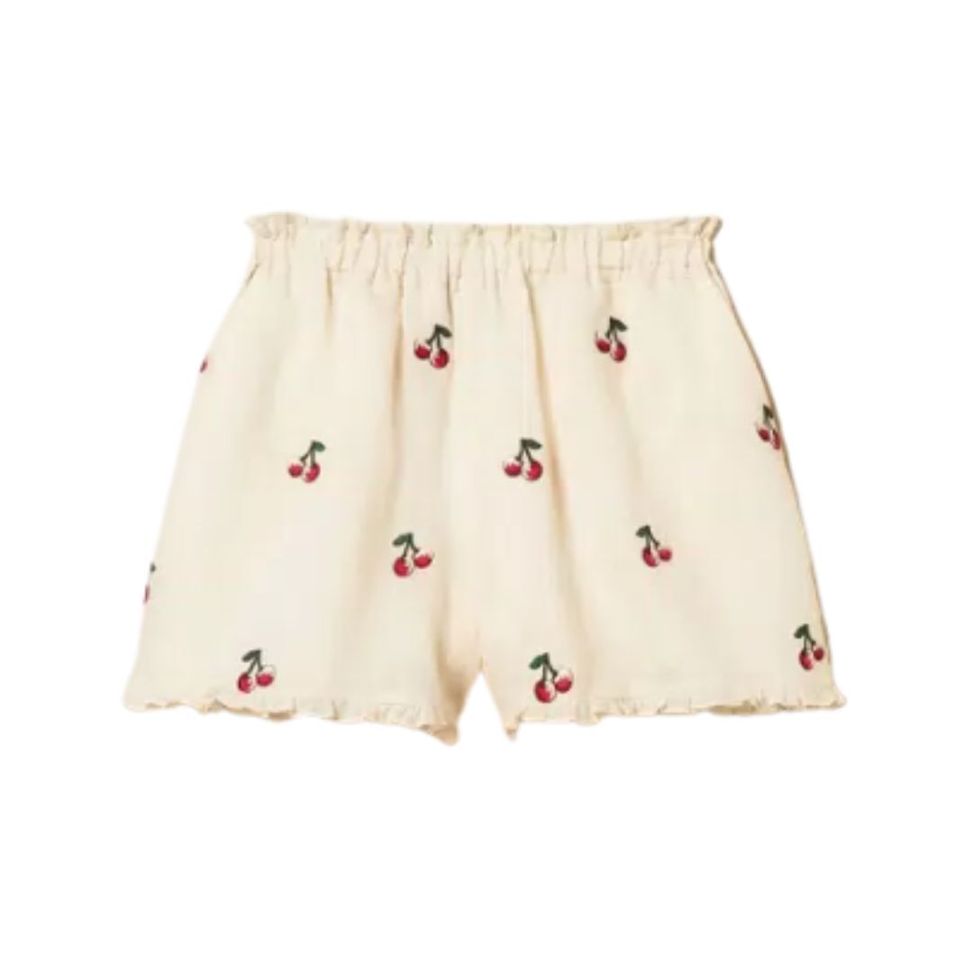 1TS0319-123 [TWINSET] Ramie Shorts With Cherry Embroidery Parchment White #261TT2421 (C-EU-E)