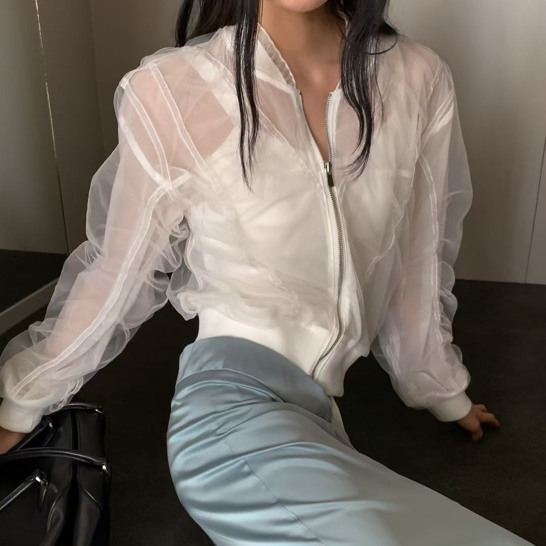 小仙女透膚感歐根紗拉鍊飛行外套 / 2色