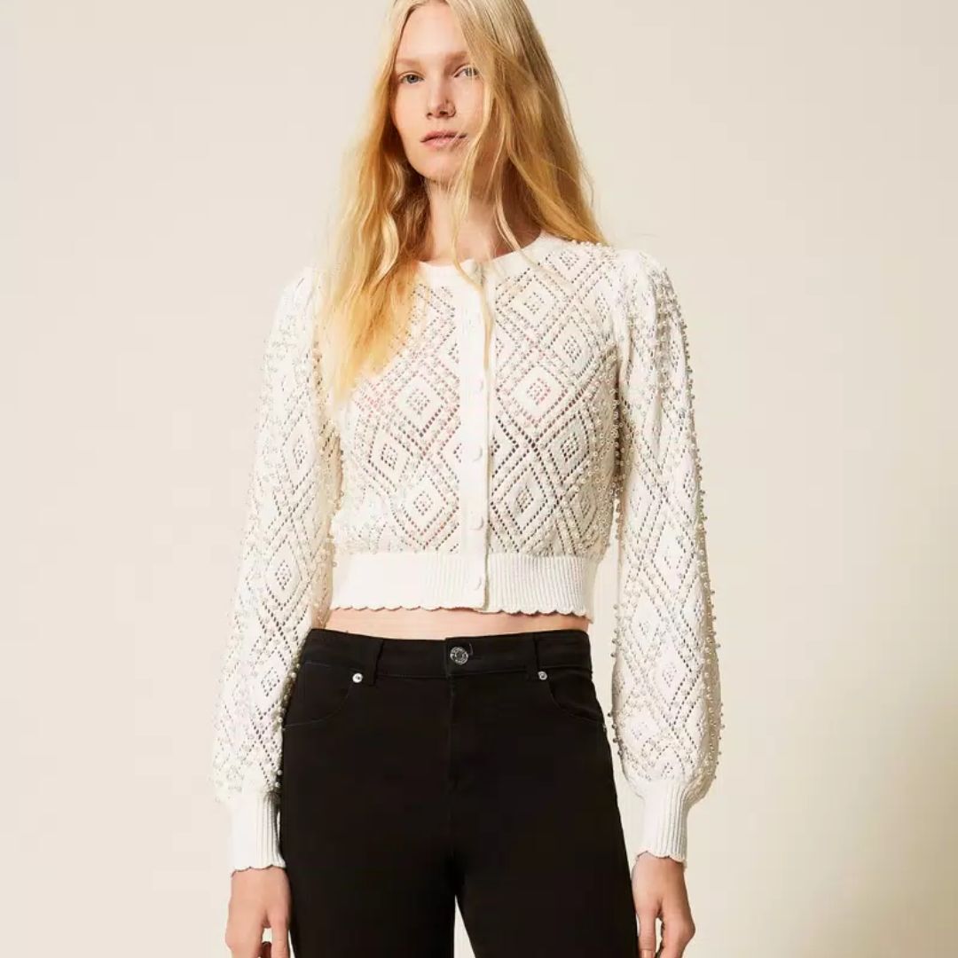 1TS0319-017 [TWINSET] Diamond Pattern Cardigan With Pearls Mother of Pearls #261TP3203 (C-EU-E)