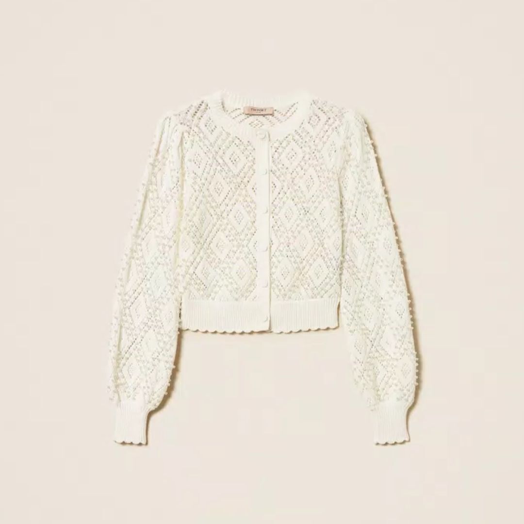 1TS0319-017 [TWINSET] Diamond Pattern Cardigan With Pearls Mother of Pearls #261TP3203 (C-EU-E)