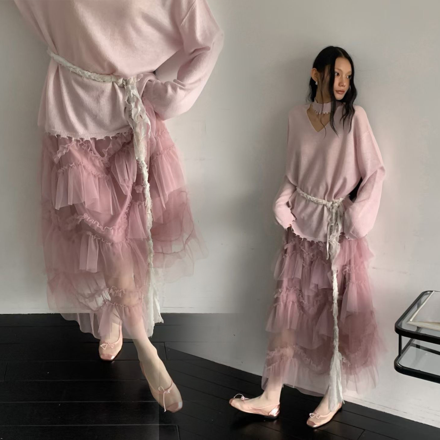 鬆緊腰立體浮誇抓褶感層次紗裙長裙-F / 3色