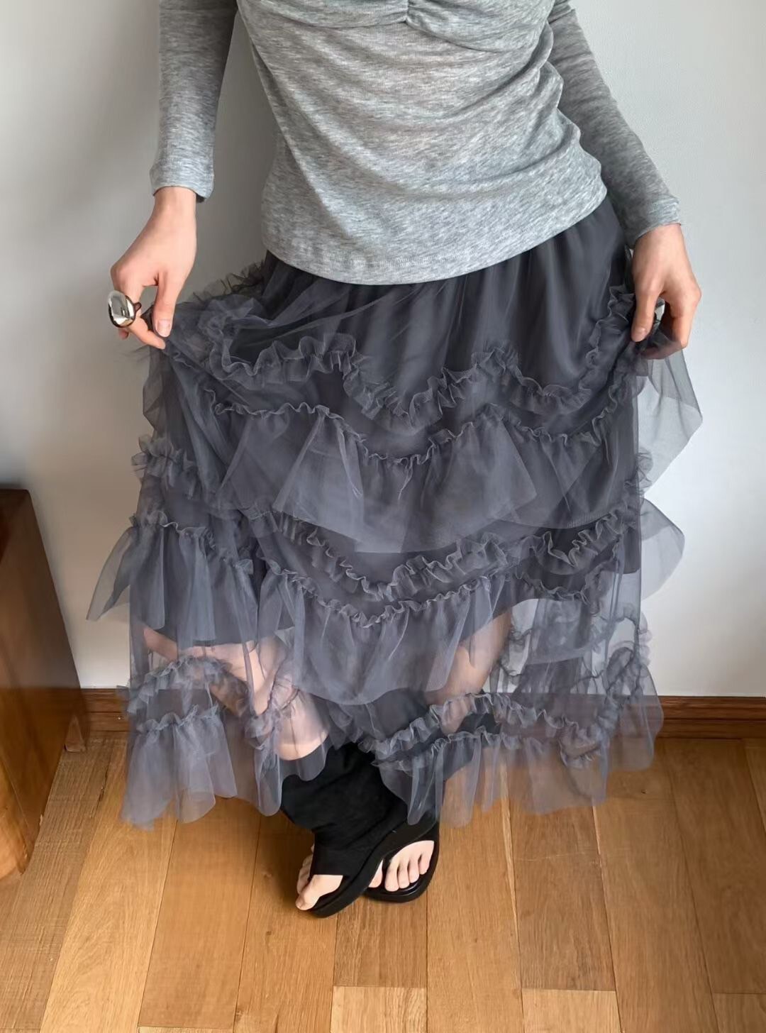 鬆緊腰立體浮誇抓褶感層次紗裙長裙-F / 3色