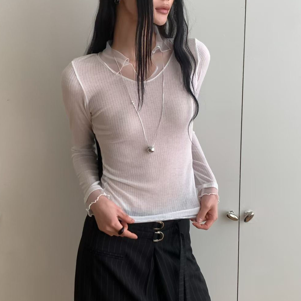 雲朵白歐根紗拼接翻領造型螺紋上衣