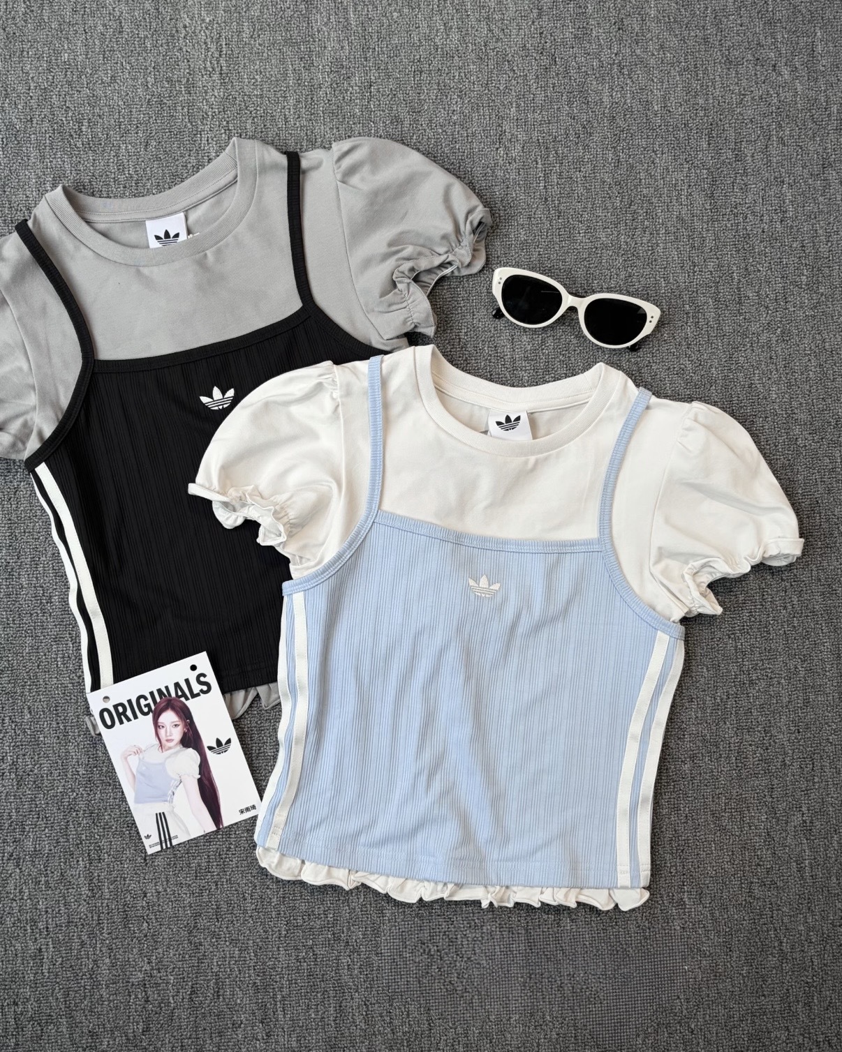 ADIDAS ORIGINALS SLIMS TEE 假兩件 泡泡袖 細肩背心 短T 短袖 疉穿 荷葉邊 花邊 三葉草 宋雨琦 女款 寶寶藍 KY3298 黑灰 KY3299 / 預購