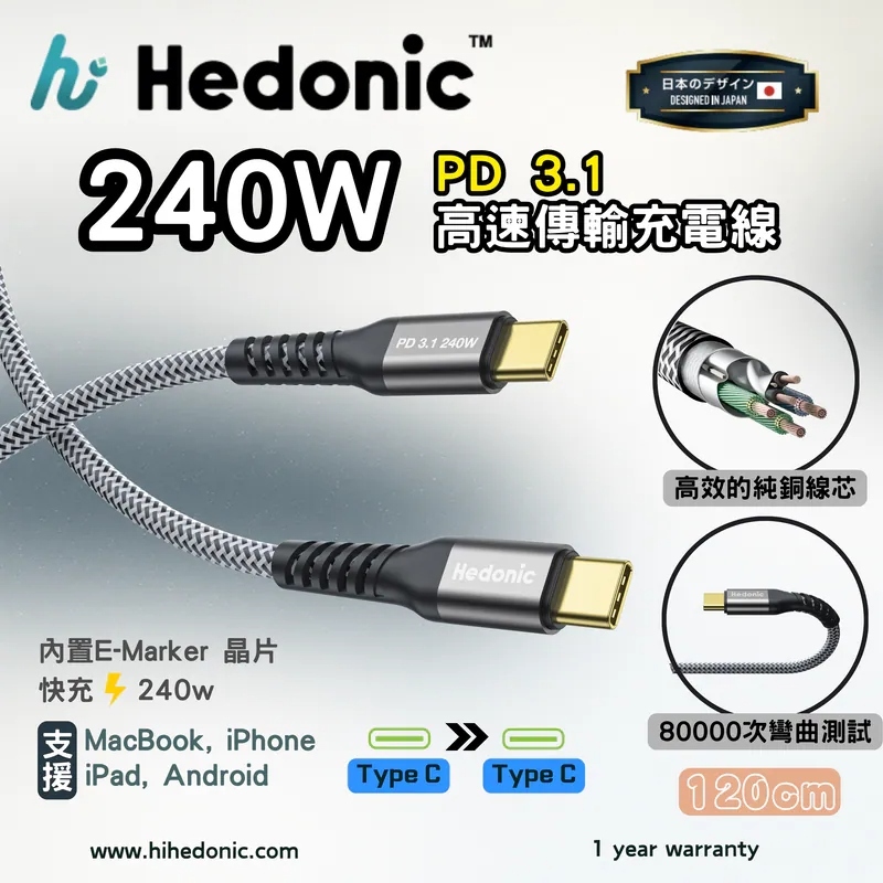 【直播】D031610 Hedonic Tough Pro USB-C to USB-C, PD 3.1 240W 充電傳輸線