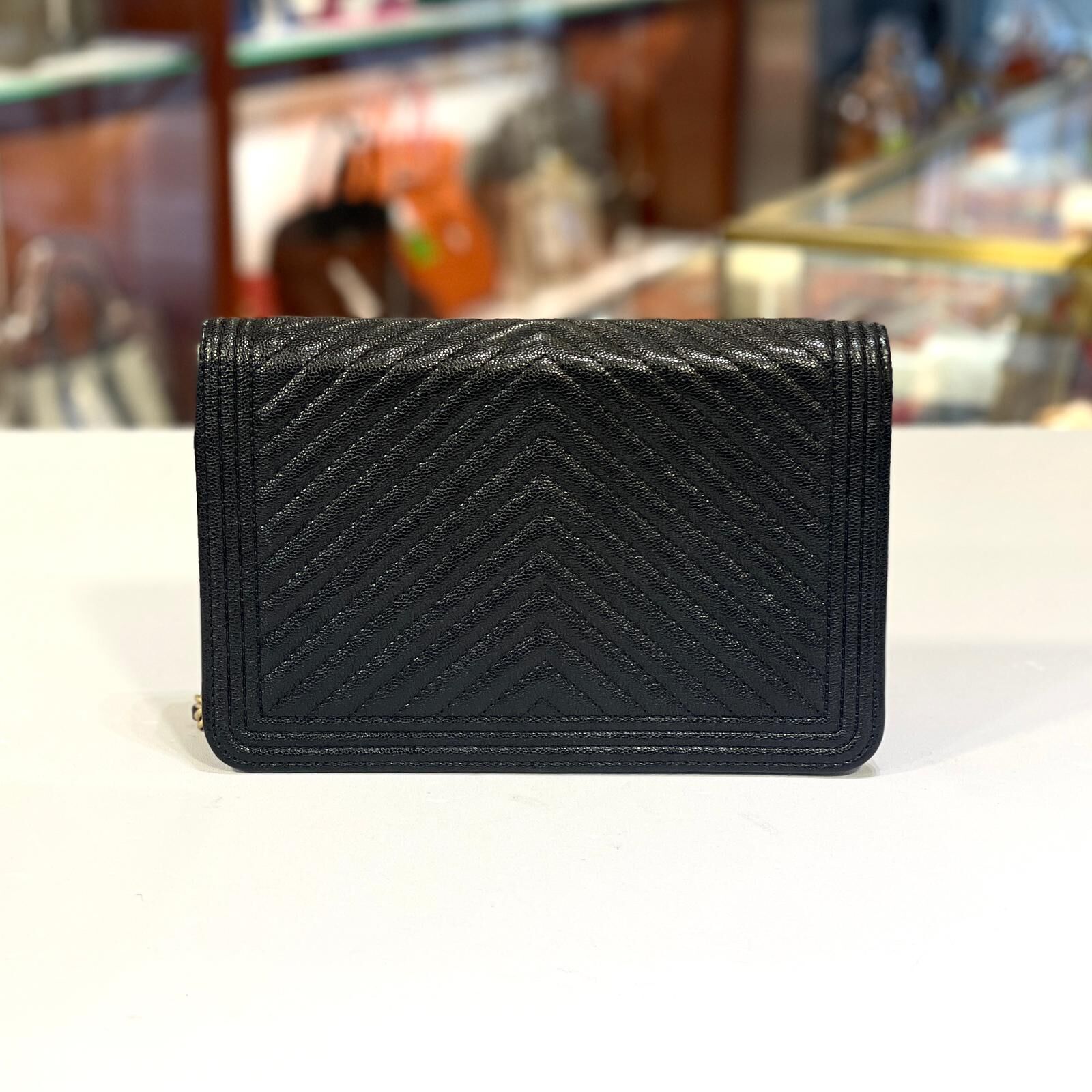 99%NEW二手BOY CHANEL WOC LEE BOY 黑色金扣V紋荔枝皮 @266開 #香榭站正品