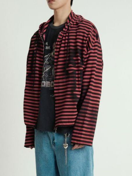 橫間圖案連帽拉鍊外套 APT-015JK