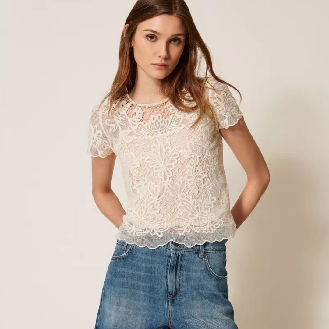 1TS0319-019 [TWINSET] Floral-Lace Blouse White Snow #261TP2581 (C-EU-E)