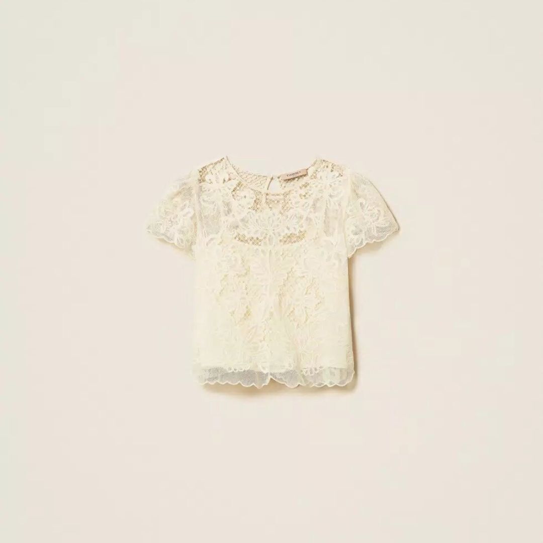 1TS0319-019 [TWINSET] Floral-Lace Blouse White Snow #261TP2581 (C-EU-E)