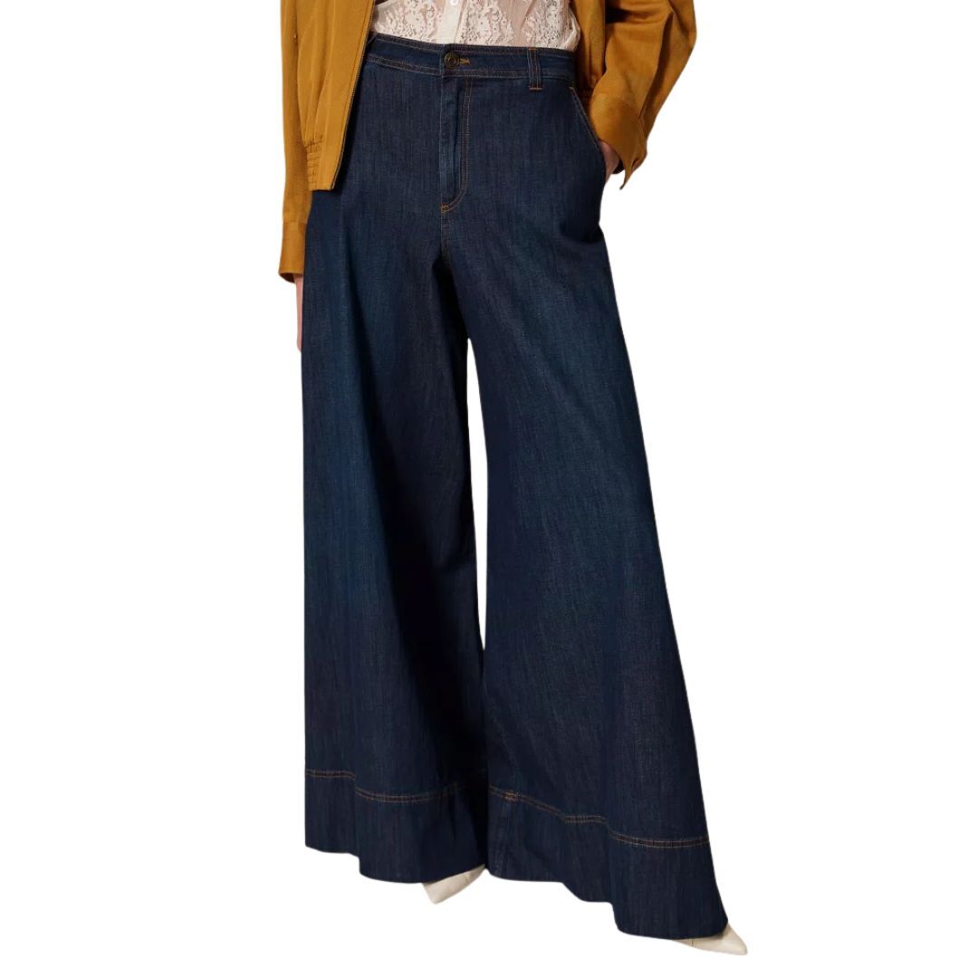 1TS0319-020 [TWINSET] Palazzo Jeans With Stitching Dark Denim #261TP2671 (C-EU-E)