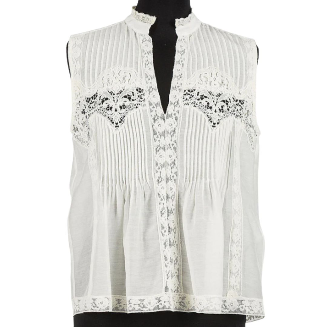 1TS0319-125 [TWINSET] Pleated Blouse Cotton-Silk Blend With Lace Pleats White #261TT2341 (C-EU-E)