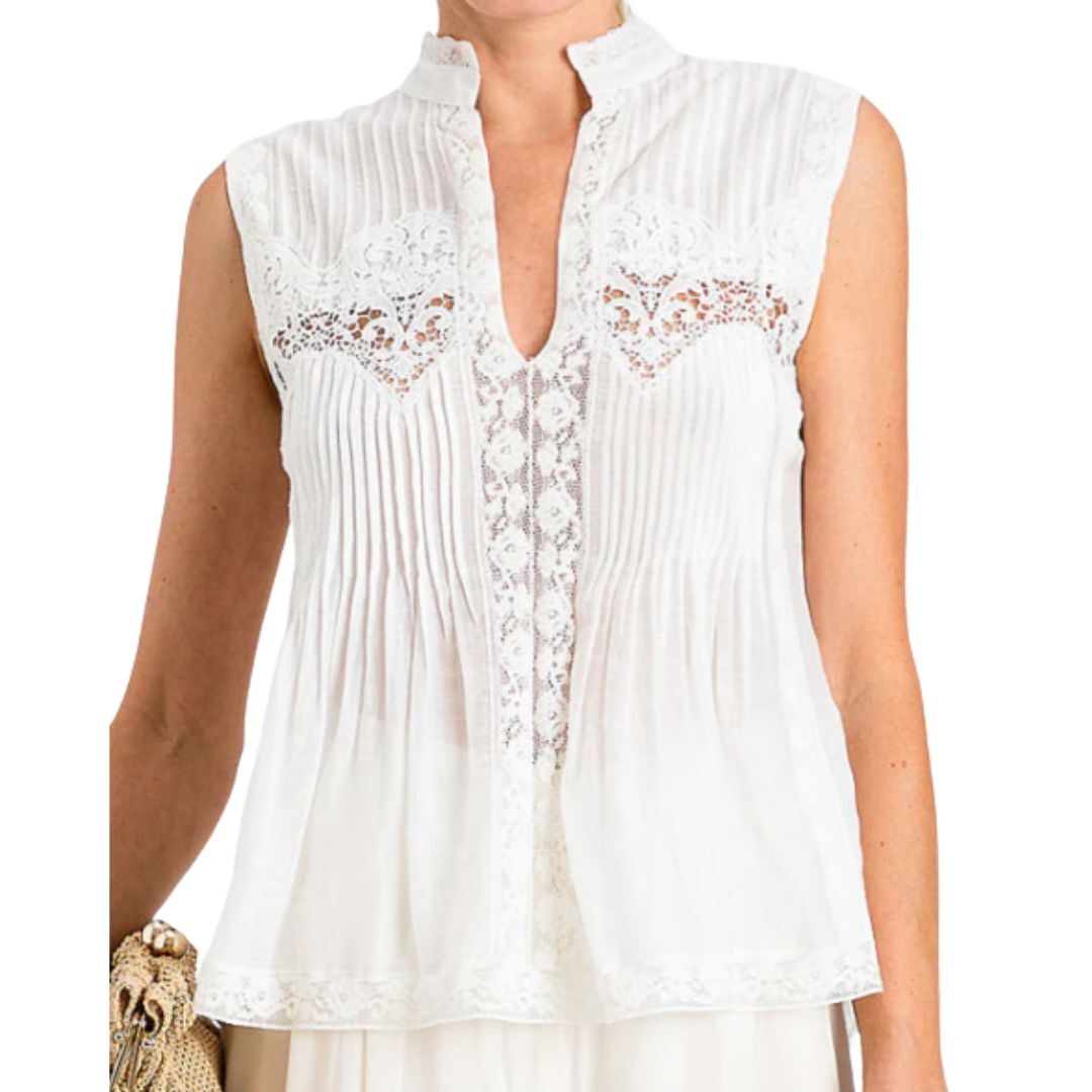 1TS0319-125 [TWINSET] Pleated Blouse Cotton-Silk Blend With Lace Pleats White #261TT2341 (C-EU-E)