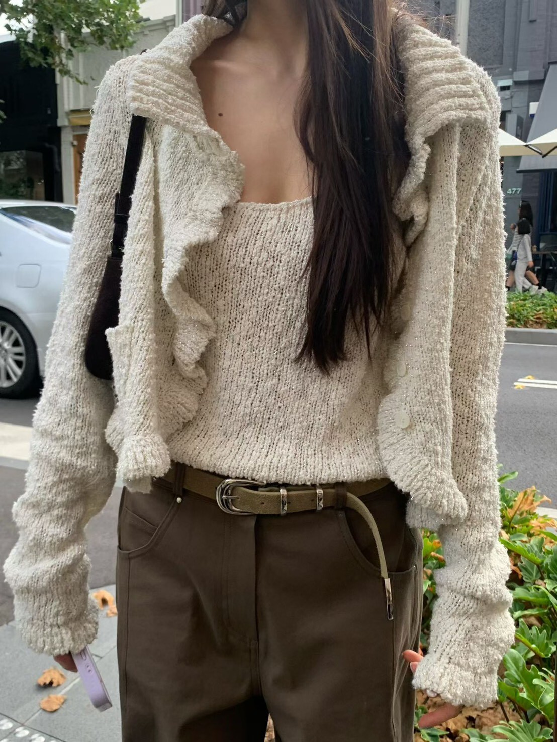 #AF97閃亮銀蔥荷葉外套(杏/灰)