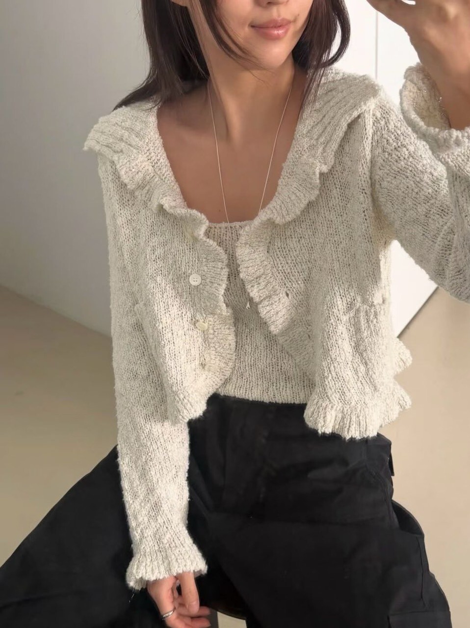 #AF97閃亮銀蔥荷葉外套(杏/灰)