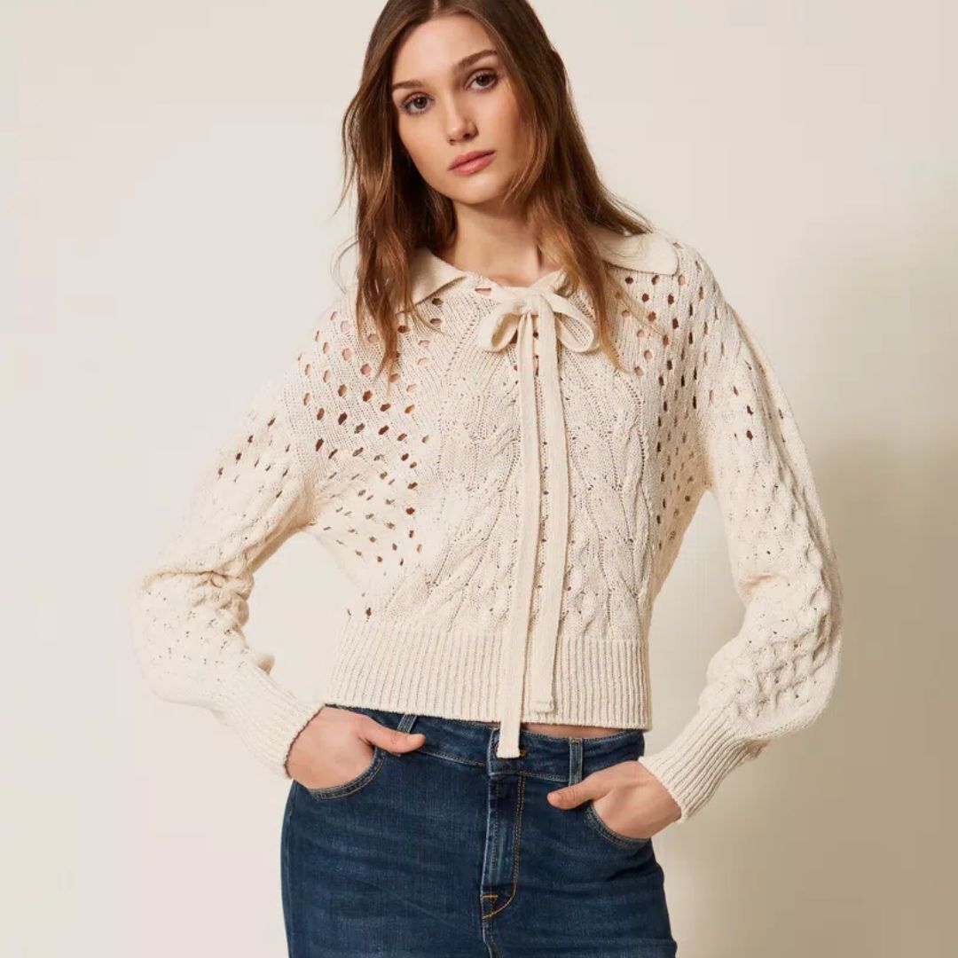 1TS0319-021 [TWINSET] Cable Knit Jumper With Bow Beige #261TP3492 (C-EU-E)