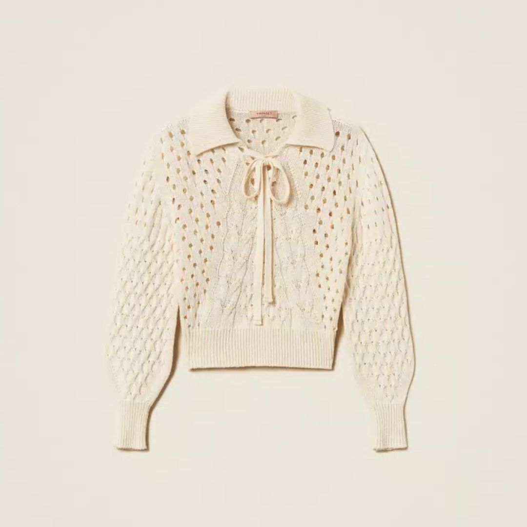 1TS0319-021 [TWINSET] Cable Knit Jumper With Bow Beige #261TP3492 (C-EU-E)