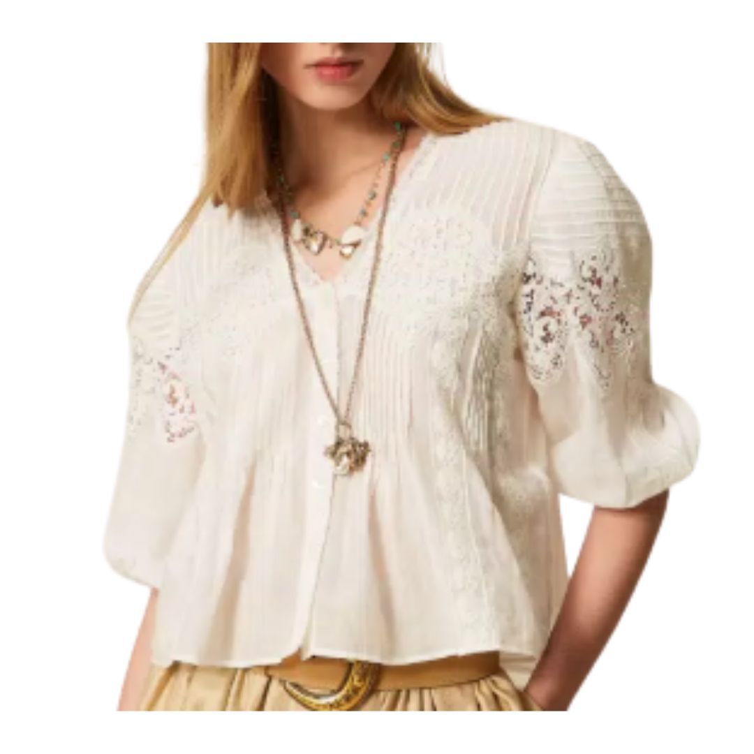 1TS0319-126 [TWINSET] Silk Blend Muslin Shirt White #261TT2340 (C-EU-E)