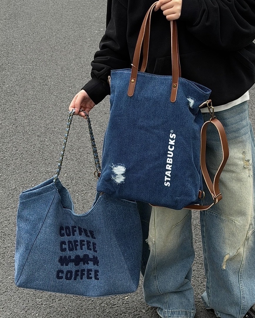 Starbucks 星巴克 COFFEE WORK 韓系 丹寧藍 牛仔藍 鏈條 大容量托特包 雙肩後背包