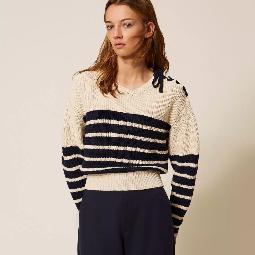 1TS0319-022 [TWINSET] Striped Boxy Jumper Ivory/Light Blue Night Stripes #261TP3281 (C-EU-E)