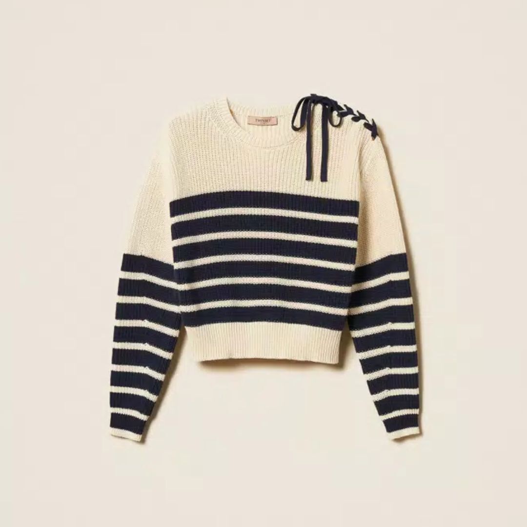 1TS0319-022 [TWINSET] Striped Boxy Jumper Ivory/Light Blue Night Stripes #261TP3281 (C-EU-E)