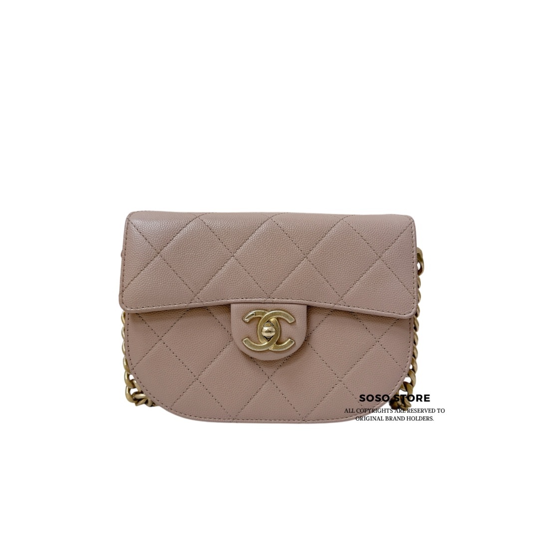 Chanel Quilted Caviar Mini Round Messenger Bag - Beige / GHW