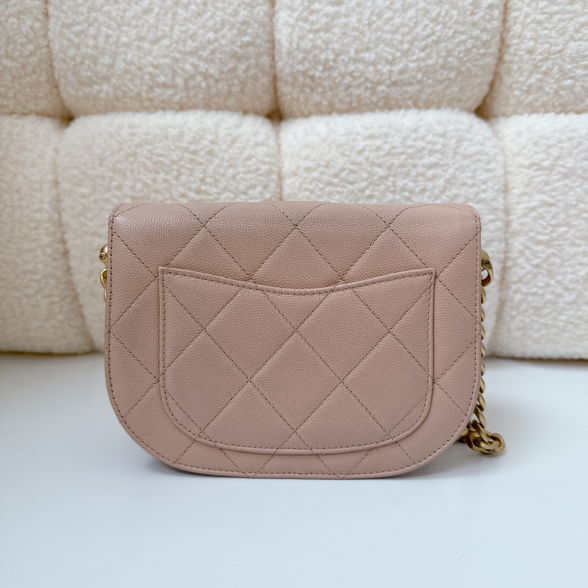 Chanel Quilted Caviar Mini Round Messenger Bag - Beige / GHW