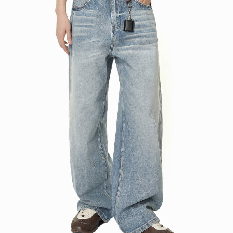 韓版水洗紋磨白直筒寬鬆拖地牛仔長褲