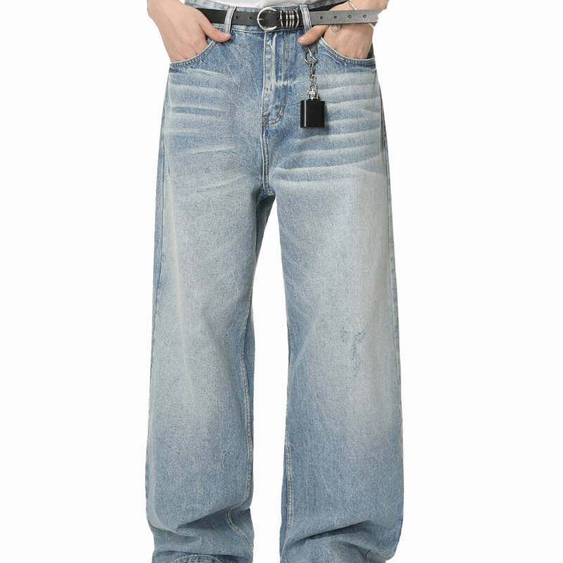 韓版水洗紋磨白直筒寬鬆拖地牛仔長褲