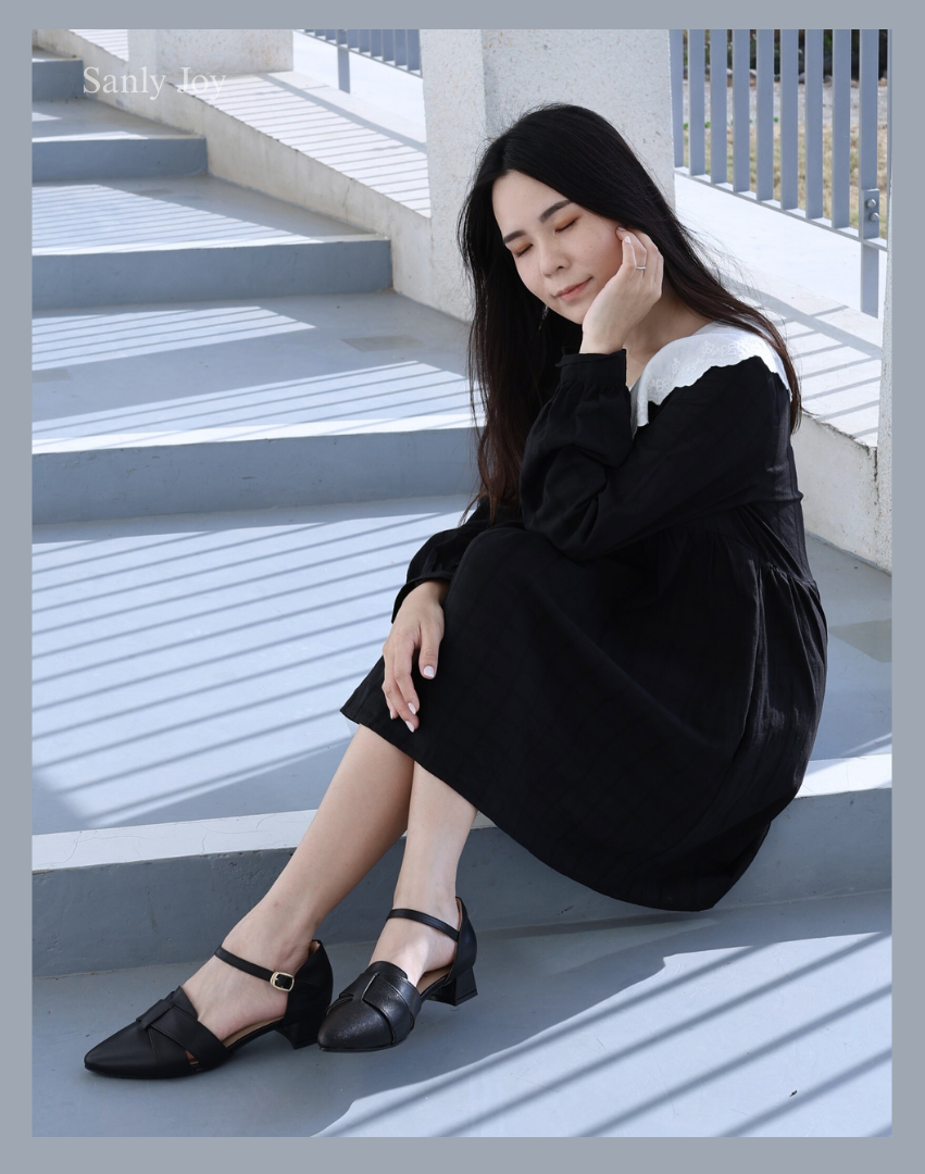 Sanly Joy 黑色交叉尖頭鞋 女款真皮低跟鞋 通勤穿搭