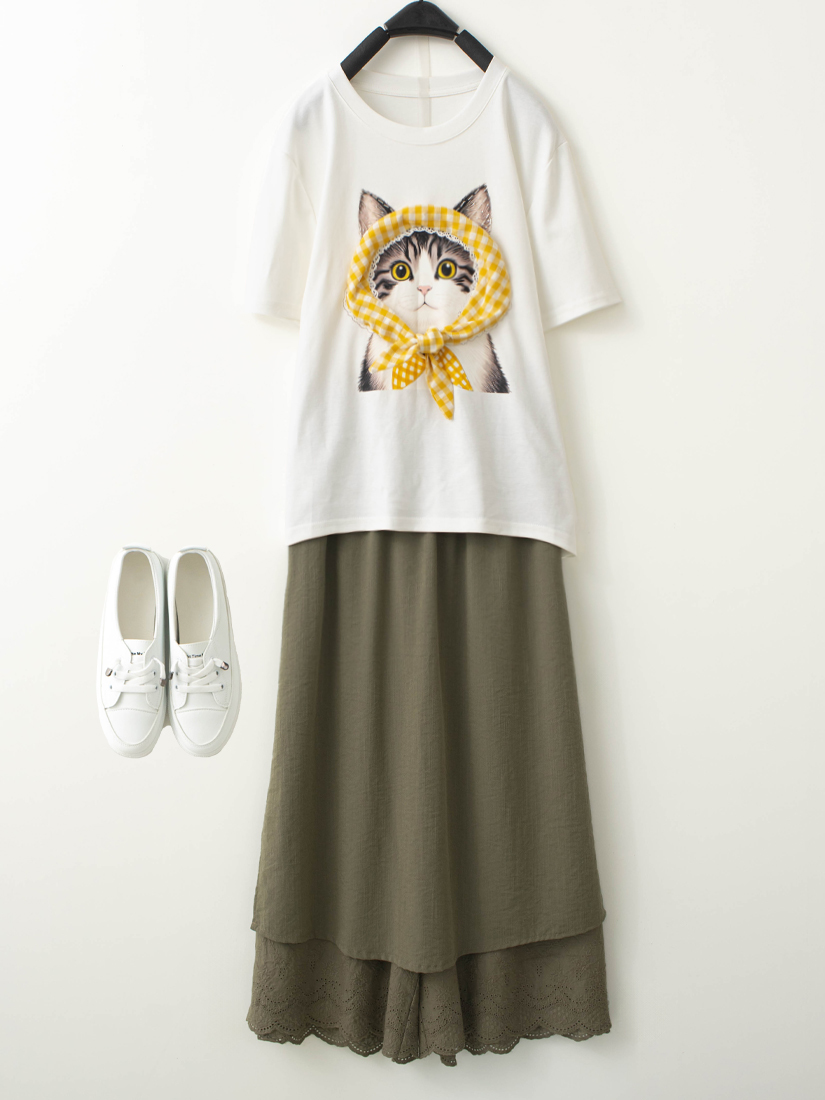 貓咪格紋綁結上衣慵懶繡花棉麻褲裙組合