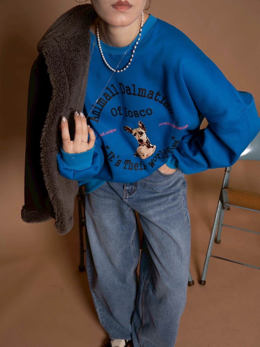 (限量)復古犬系亮眼的大版衛衣/3色均碼/藍