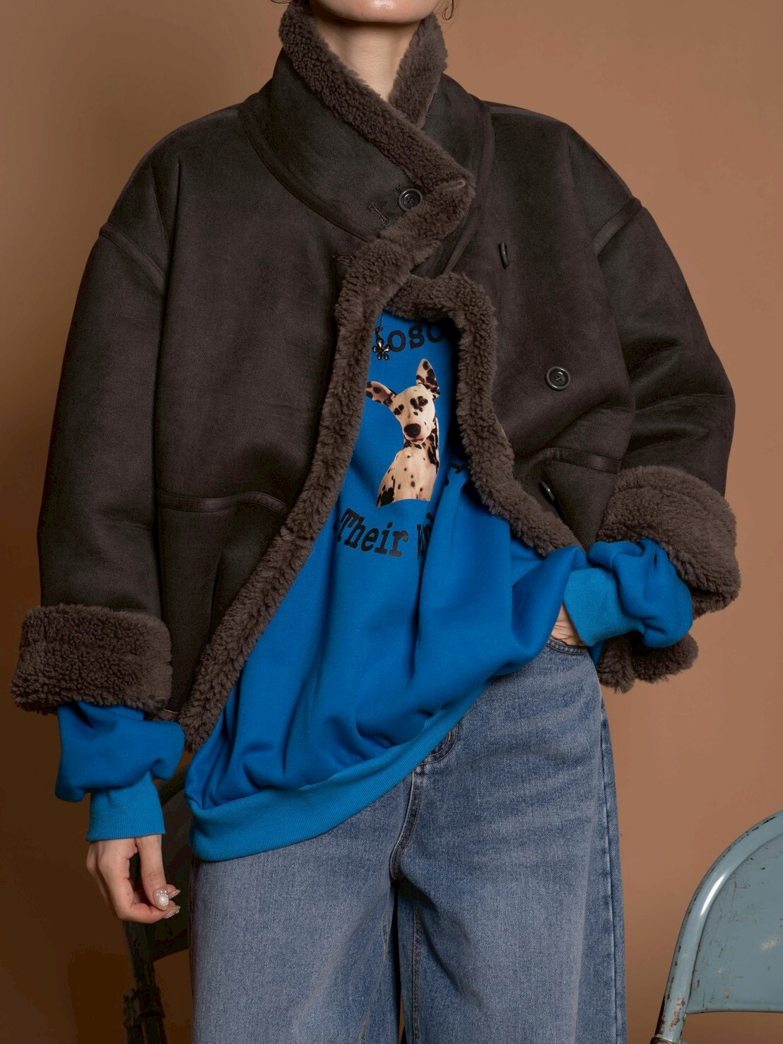 (限量)復古犬系亮眼的大版衛衣/3色均碼/藍