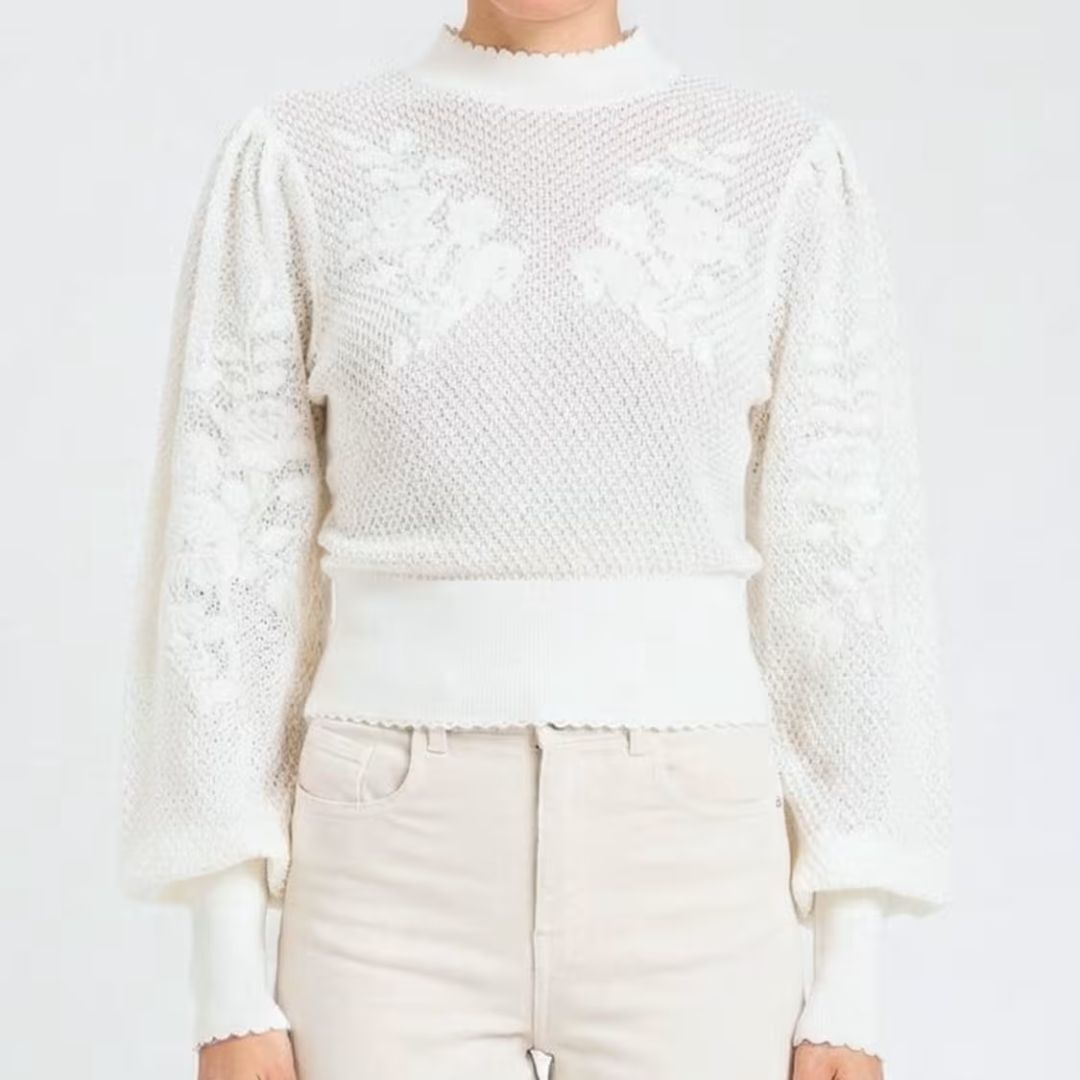 1TS0319-024 [TWINSET] High Neck Crochet Sweater Mother of Pearl #261TP3311 (C-EU-E)