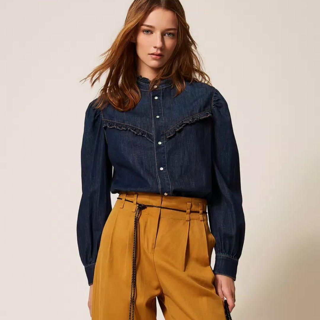 1TS0319-026 [TWINSET] Denim Shirt With Ruffles Dark Denim #261TP2672 (C-EU-E)